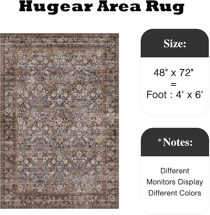 HUGEAR 4x6 Machine Washable Rugs Tradition Brown Hallway Area Rug Indoor Accent Rug Floral Low Pile Carpet Soft Throw Rug Bedroom Living Room Office Dining Room Kitchen Laundry Room Non Slip