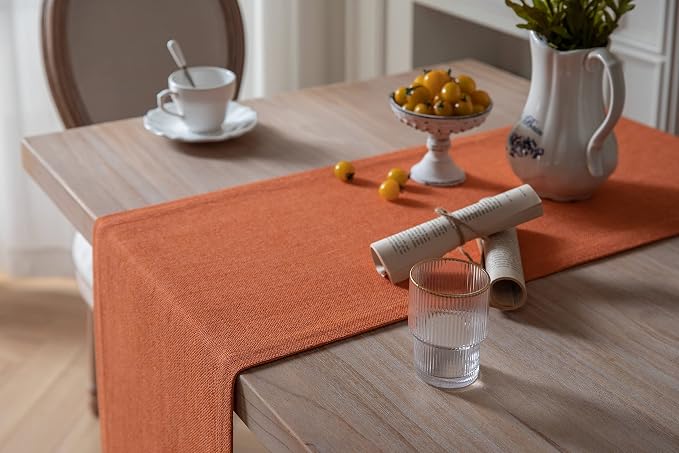 ZeeMart Burlap Style Farmhouse Table Runners 60 Inches Long, Burnt Orange Rustic Woven Dining Fall Table Runner for Everyday Use, 14x60 Inches, Harvest Pumpkin