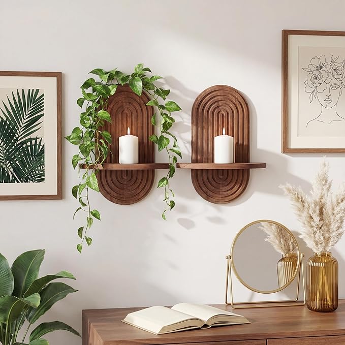 Heiple Set of 2 Boho Arched Floating Shelves 15.7”x 7.8”3D Wooden Hanging Shelf for Living Room Bedroom Nursery Mid Century Modern Wall Decor(Dark Brown, 11.7 * 15.7)