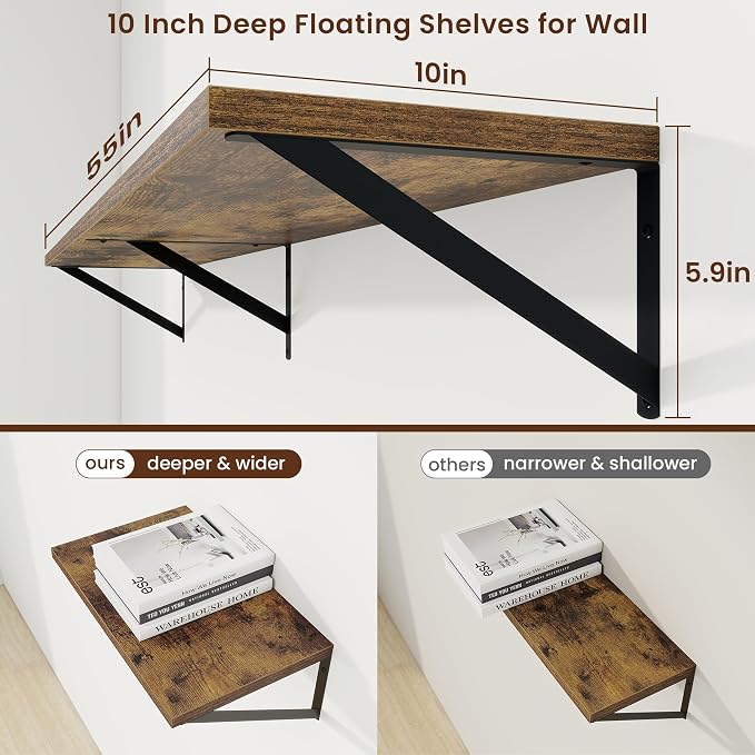 Axeman Deep Floating Shelves | 55 Inch Brown Wall Shelves Set of 2 | 10 Inch Deep Wood Floating Shelves for Wall | 55" W x 10" D Rustic Brown Shelves for Living Room Bathroom Kitchen