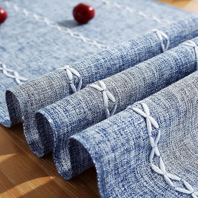 Chassic Rustic Farmhouse Style Linen Table Runner, Boho Handmade Tassel Embroidery Table Runners 108 Inches Long for Holiday Party, Dresser and Dining Decorations, 13 x 108 inch - Blue