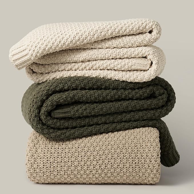 EVERGRACEHOME Chunky Chenille Knit Throw Blanket for Couch, Soft Luxurious Oversized Queen Moss Stitch Blanket for Bed, Cozy Farmhouse Knitted Throw for Sofa, Olive Green, 90" x 90"