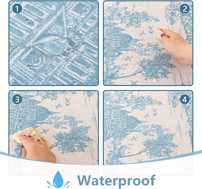 MYSKY HOME Linen Vintage Rectangle Tablecloth 60x120 Inches, Blue Castle Print Table Cloth for Dining Table I Tabletop I Parties/Outdoor I Spring/Summer Waterproof Fabric Farmhouse Tablecloth