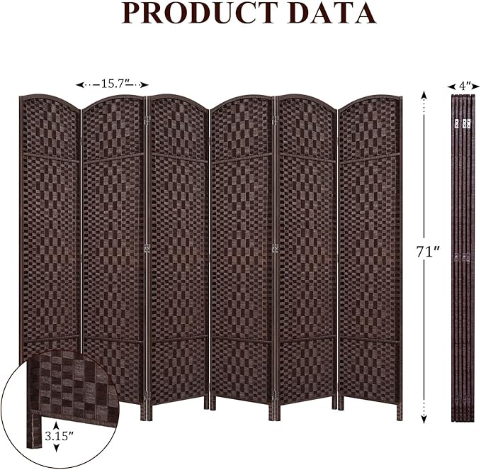 HALLYBEE Room Divider, Room Dividers and Folding Privacy Screens, 16in Privacy Screen, 6 Panel Temporary Wall Partitions, 6ft Space Separation Panel Screen, Brown