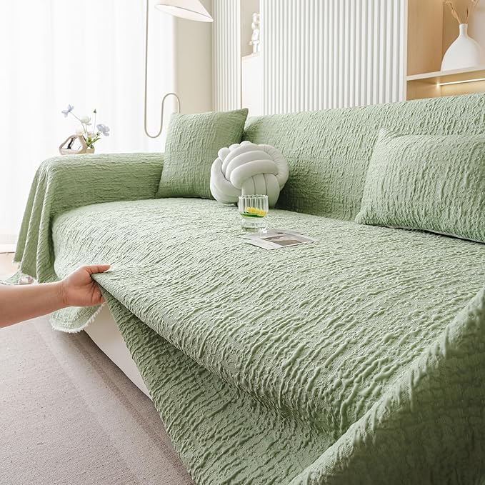 DREAMINGO Bubble Textured Cooling Sofa Cover, Ice Silk Breathable Couch Cover Blanket for Pet & Hot Sleepers, Washable Furniture Protector for 2 Cushion Couch, Sage Green, Large 71"x118"