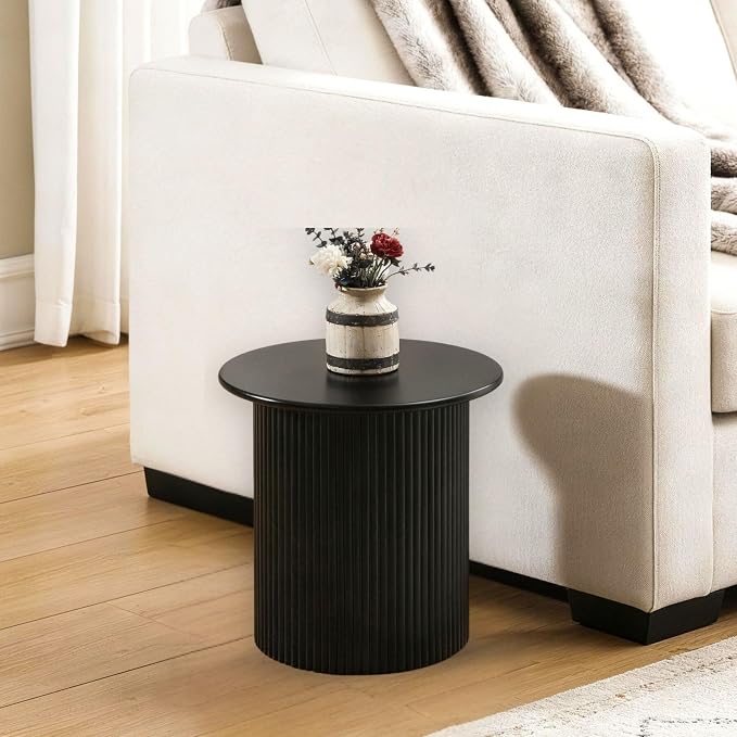 LuxenHome 15" Extra Small Black End Table, Fluted Side Tables for Living Room, Modern Round Side Table for Small Spaces, Wooden Accent Table