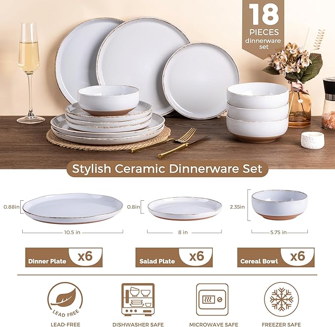 AmorArc Dinnerware Sets for 6, 18 Pieces Stoneware Plates and Bowls Set with Handbrush Rim, Scratch Resistant Dishes Set, Dishwasher & Microwave Safe, White