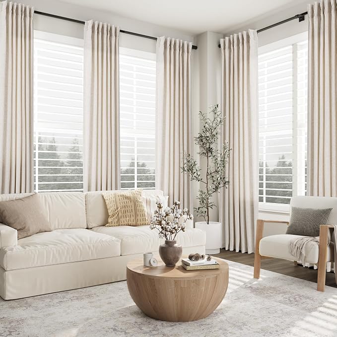 Aersas Ivory White Pinch Pleated Linen Curtains 96 Inches Long for Living Room 2 Panel Set Pleat Semi Sheer Back Tab with Hooks Neutral Boho Modren Curtain Drapes for Bedroom Window, 40x96 Inch