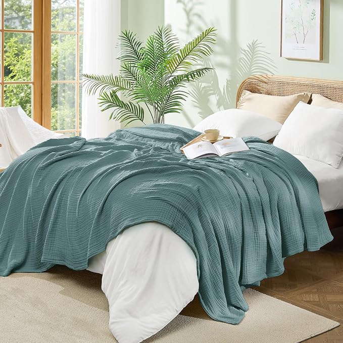 BEDELITE 100% Cotton Muslin Blankets for Adults - 4-Layer Queen Size Breathable and Lightweight Gauze Blanket for Couch, Bed, Travel and Summer, Soft & Cozy Gift for Women, Teal, 90"x90"