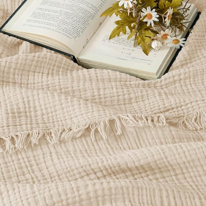 Esterra Muslin Throw Blanket 50x65 Inches Cozy Soft Lightweight Pre-Washed Cotton Blanket, All Season Breathable 4-Layer Gauze Blanket Throw for Sofa Couch Bed, Neutral