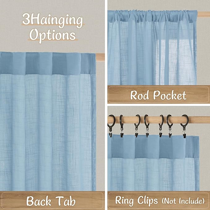 LAMIT Short Linen Window Curtains 45 Inch Length 2 Panels, Blue Semi Sheer Light Filtering Panels Back Tab and Rod Pocket Neutral Linen Weave Drapes for Basement/Window/Loft Room, 34 x 45 Inch