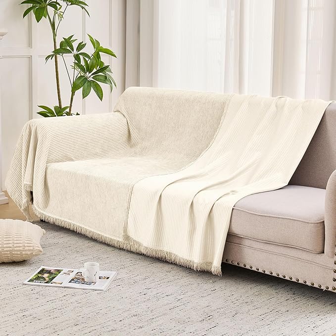 LOMAO Couch Cover Sofa Covers for 3 Cushion Sectional Couch Covers L Shape Couch Cover with Tassel Sofa Protector Washable Reversible Chenille Sofa Slipcover for Pet (Beige,Large(71 * 118))