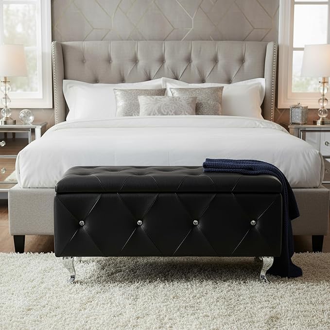 AC Pacific Glam 38 Inches Storage Ottoman Bench for Entryway, Hallway, Living Room, and Bedroom, Upholstered Tufted Faux Leather Ottoman with Storage, Foot Rest and Organizer, Midnight