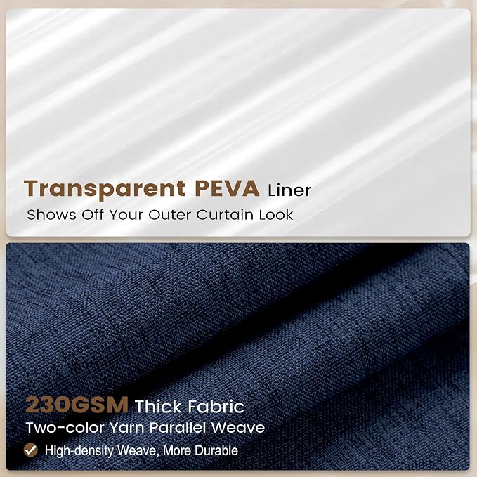 BTTN 3 in 1 Shower Curtain Set, 78 Inch Long Linen Textured Fabric Shower Curtain and Clear Liner Set with Hook, Modern Hotel Weighted Waterproof Fabric Shower Curtain for Bathroom, Navy Blue, 72x78
