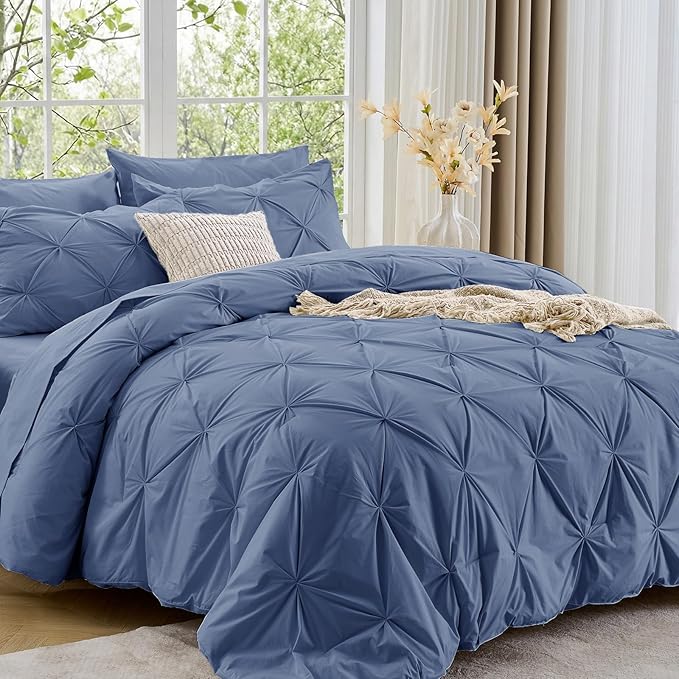 Sasttie Full Size Comforter Set, 7-Piece Bed in a Bag, Pintuck Bedding Set for All Season, Includes Comforter, Flat Sheet, Fitted Sheet, Pillowcases and Pillowshams, Slate Blue
