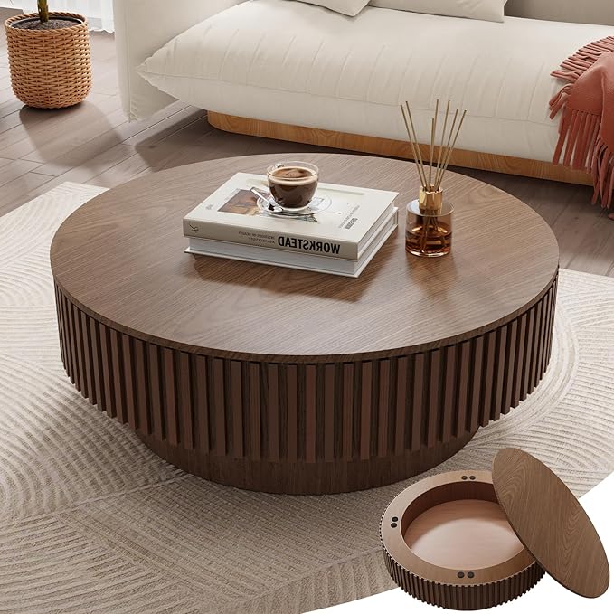 39.37'' Round Coffee Table with Storage, Modern Fluted Circle Coffee Table Unique Drum Low Center Tea Table with Solid Wood Veneered for Living Room Small Space, Mesas De Centro para Sala, Walnut