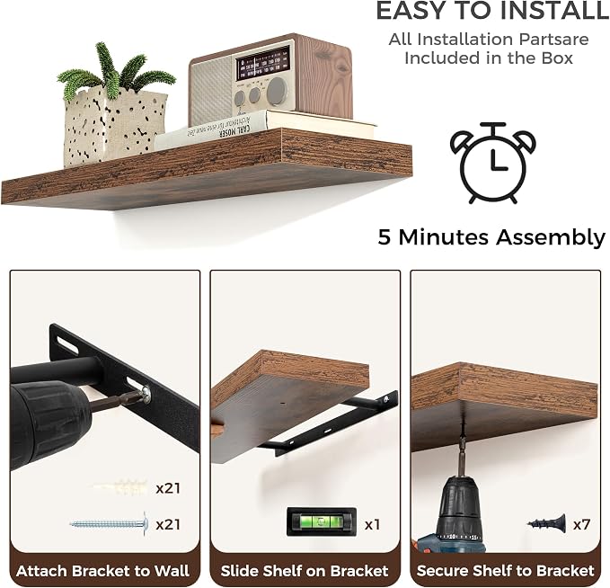 Floating Shelves for Wall 48 inch Long, Engineered Wood Wall Shelves with Invisible Brackets for Living Room Bedroom Bathroom Office Kitchen Decor and Storage, Rustic Brown Finish, Set of 2