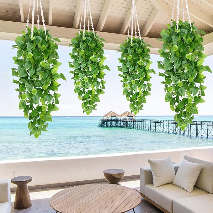 Waipfaru Fake Hanging Plants, 8pcs Artificial Hanging Plant, Faux Ivy Pothos Vines Greenery for Wall Home Bedroom Living Room Aesthetic Kitchen Office Aesthetic Kitchen Indoor Outdoor Decor