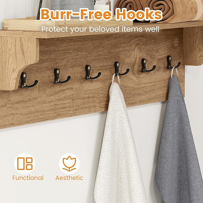 Giantex Coat Rack Wall Mount, 31.5" Wooden Coat Hooks with Shelf, Wall Clothes Rack w/ 6 Dual Hooks for Hats Towels Purses Robes, Floating Display Shelf for Living Room Bedroom Entryway, Natural