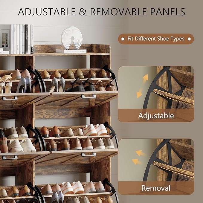 Shoe Cabinet with 6 Flip Drawers, Freestanding Hidden Shoe Storage Organizer for Entryway, Narrow Slim Shoe Rack Cabinet with Open Storage & Hooks for Front Door Entrance, Living Room, Hallway, Brown