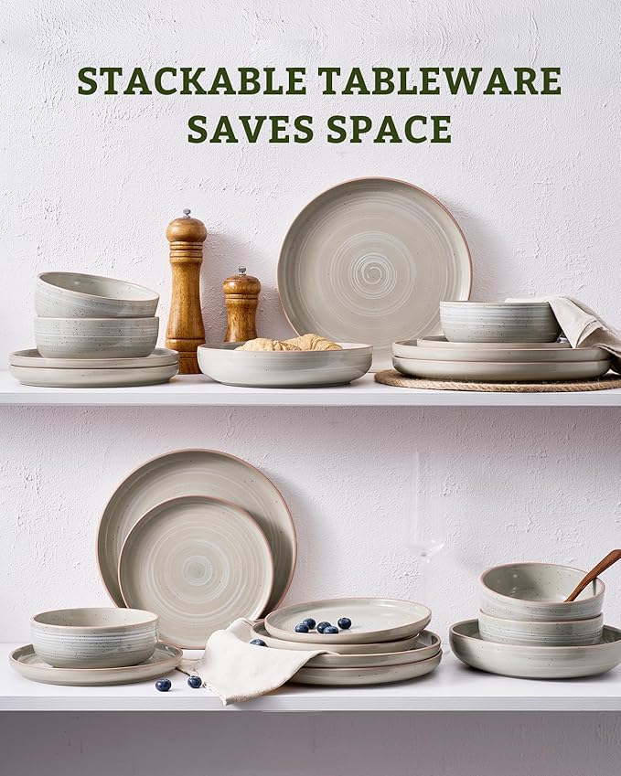 Famiware Meteor Plates and Bowls Sets, 18-Piece Stoneware Dinnerware Sets, Dishes Set for 6, Microwave and Dishwasher Safe Tableware, Matcha Green