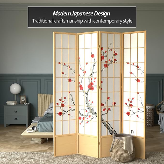 Red Lantern 7 ft. Tall Cherry Blossom Shoji Screen - Natural - 4 Panels
