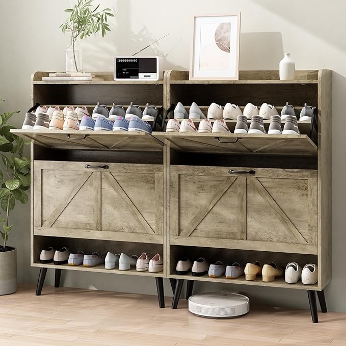 Shoe Storage Cabinet for Entryway, Large Shoe Cabinet with 2 Flip Drawers, Narrow Shoe Rack Cabinet, Slim Hidden Shoe Storage, Wooden Shoe Organizer Rack,Rustic Oak