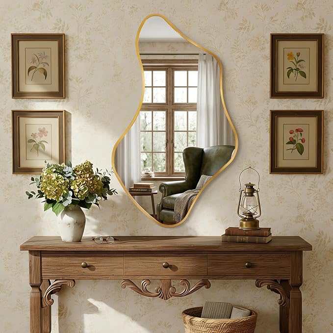 Asymmetrical Wall Mirror, Irregular Shaped Frameless Vanity Mirror, Modern Decorative Mirror for Entryway, Living Room, Bathroom (Gold, 43" L x 26" W)