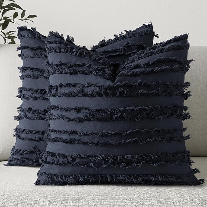 MIULEE Set of 2 Decorative Boho Throw Pillow Covers Linen Striped Jacquard Pattern Cushion Covers for Sofa Couch Living Room Bedroom 16x16 Inch Navy Blue