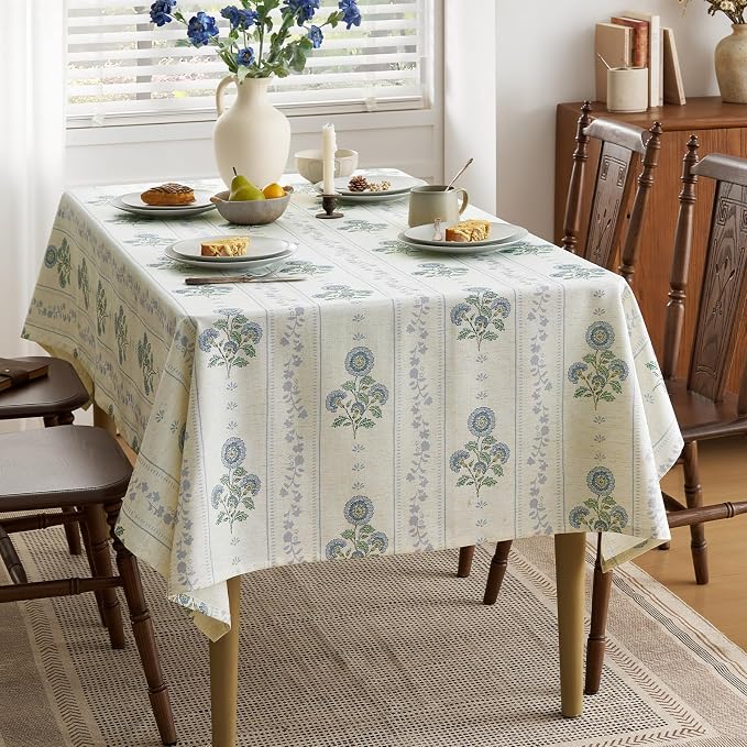 Farmhouse Blue Floral Rectangle Tablecloth: Linen Striped Printed Table Cloth - French Vintage Rustic Pattern on Burlap Textured Outdoor Table Cover for Kitchen,Dining,Party,Picnic Decor, 55x72 Inch