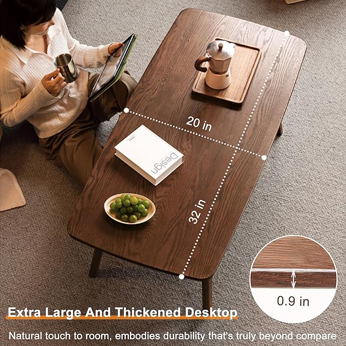 Modern Solid Oak Wood Coffee Table, 2-Tier Small Wooden Coffee Table with Storage Shelf for Living Room, Apartment, Office(32''D x 20''W x 18''H)