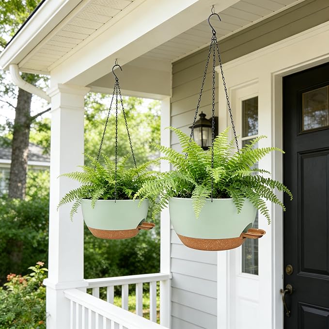 12 Inch Self Watering Hanging Planters 2 Pack, Indoor Outdoor Hanging Pots for Plants with Drainage Holes & Saucers, Green Brown Plastic Hanging Baskets for Kitchen Balcony Garden
