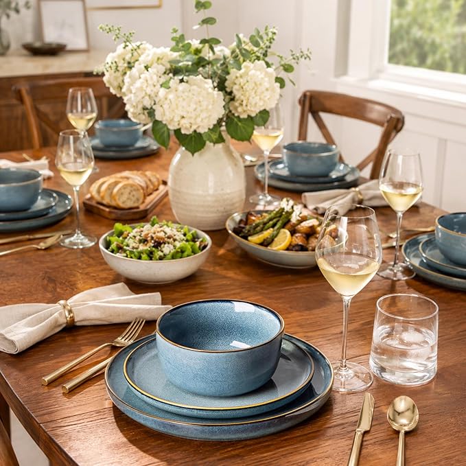 GBHOME Ceramic Dinnerware Sets for 4, 12 Pieces Stoneware Plates and Bowls Sets, Reactive Glaze Dishes -Scratch Resistant, Dishwasher&Microwave Safe, Space Blue