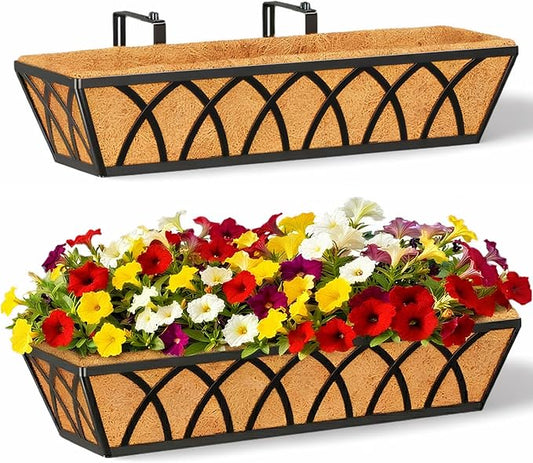 24 Inch Railing Planter Box with Coco Liner, Adjustable Metal Window Box, Hanging Flower Planter Outdoor, for Balcony Deck Fence Garden, Black, Set of 2
