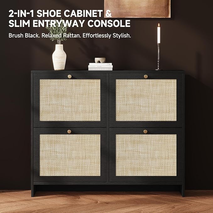 Nicetree Shoe Cabinet Storage for Entryway, 4-Flip Drawer Narrow Shoe Rack with Adjustable Shelves, Boho Modern Square Rattan Shoe Organizer, Slim Wood Storage Cabinets for Small Spaces Fits Size 13.5