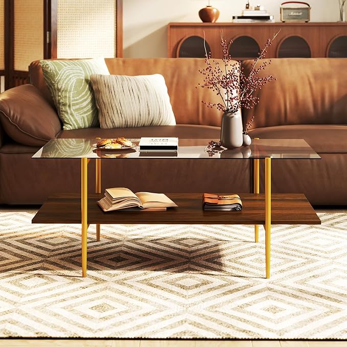 Giantex Glass Coffee Table, Mid Century Modern Center Table with Amber Tampered Glass Tabletop, Walnut Storage Shelf & Golden Legs, 2-Tier Rectangle Coffee Tables for Living Room, Brown