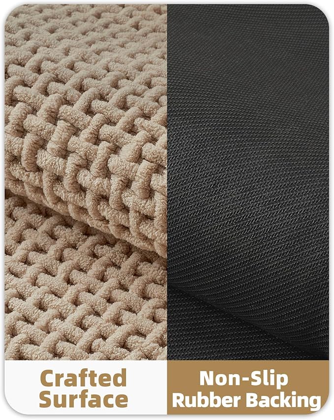 Color&Geometry Rubber Backed Waffle Bath Mat 36x24, Non Slip Water Washable Bathroom Rugs, Soft Absorbent Chenille Boho Carpet for Bathroom Floor, Tub and Shower, Beige
