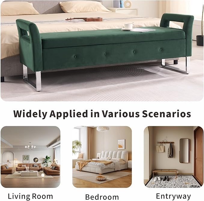 Chifee & Vingol Storage Bench with Armrests, 67.91 Inch Velvet End of Bed Bench Upholstered Storage Ottoman for Bedroom, Livingroom, Entryway - Green