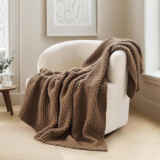 EVERGRACEHOME Chunky Chenille Knit Throw Blanket for Couch, Soft Luxurious Moss Stitch Blankets for Bed, Cozy Decorative Farmhouse Knitted Throws for Sofa, Camel Brown, 60" x 80"