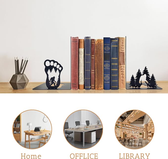 Bigfoot Decor Unique Bookends – Eye-Catching Sasquatch Gifts for Bigfoot Enthusiasts - Decorative Bookends for Shelves – Fun Bookends for Kids – Versatile Black Book Stopper to Hold Books
