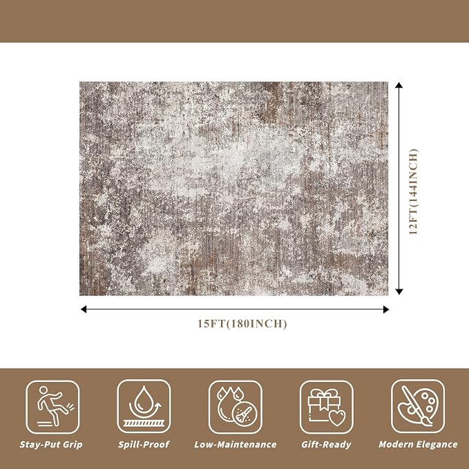 12x15 Area Rug Living Room Washable – Extra Large Modern Neutral Abstract Soft Carpet for Bedroom Dining Room, Non-Slip Low Pile Room Size Rug (Brown Beige,12x15)