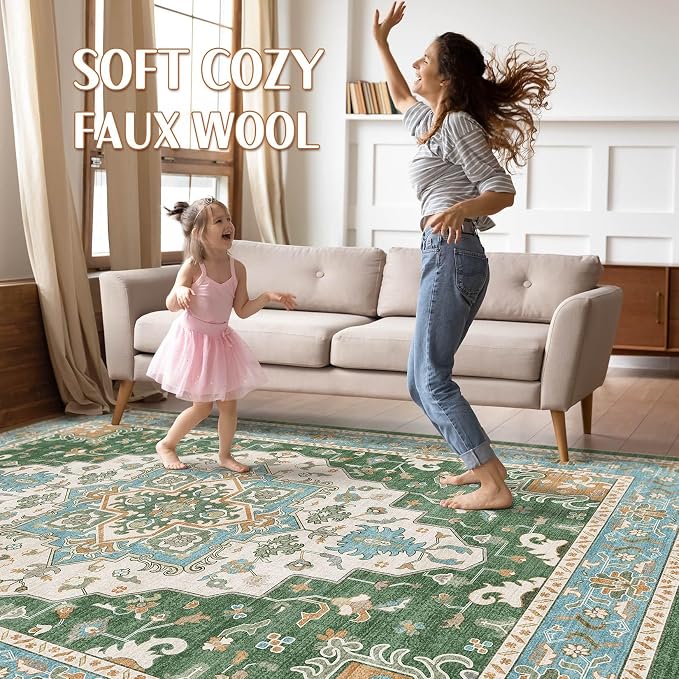 8x10 Area Rugs Living Room: Washable Boho Large Neutral Vintage Soft Rug Stain Resistant Farmhouse Non-Slip Indoor Floor Retro Carpet for Bedroom Nursery Kids Office Dining Room- Green Multi