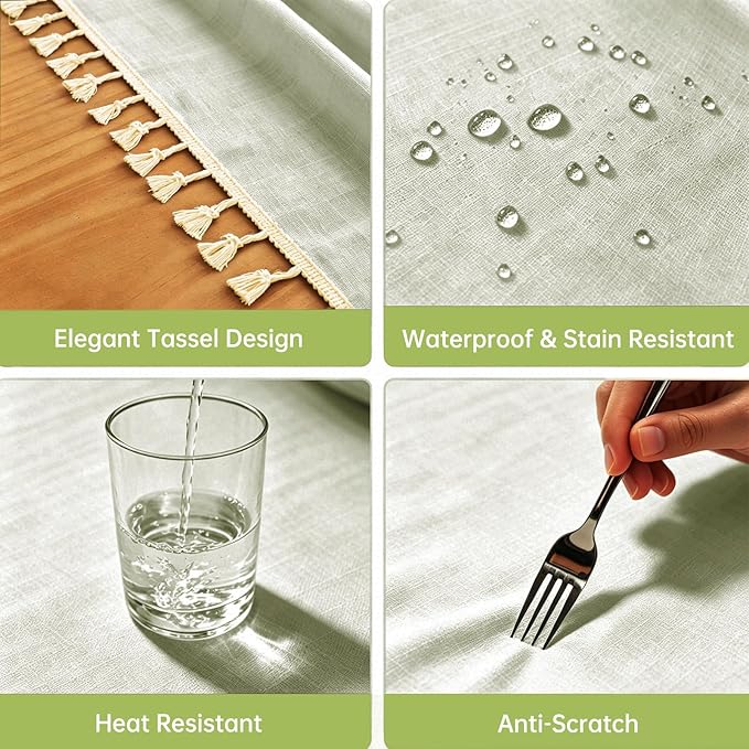 Alsoo Textured Tablecloths for Rectangle Tables Heavy Duty Linen Style Spring Table Cloth Spill Proof Wrinkle Free Table Cover with Tassel for Kitchen Dining Holiday, Sage Green, 55" x 120"