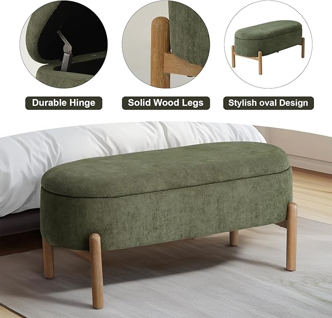Storage Bench Ottoman, Upholstered Corduroy Storage Bench for Bedroom End of Bed, Modern Aesthetic Furniture, Large Oval Ottoman Bench for Foot of Bed, Living Room, Entryway, Under Window (Green)