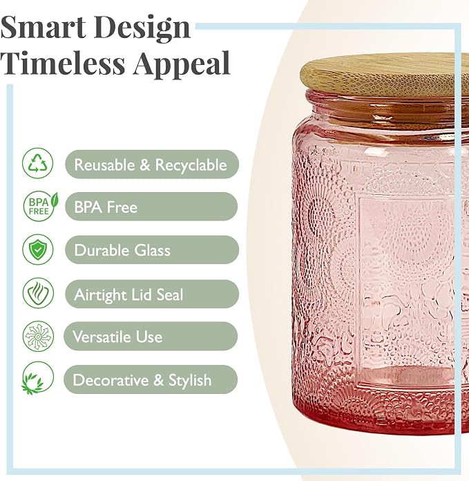 8oz Decorative Glass Jars with Airtight Bamboo Lids (Pink - 6pc), Vintage Food Storage Containers, Home Décor Candle Making Parties Wedding Baby Shower Favors Gift