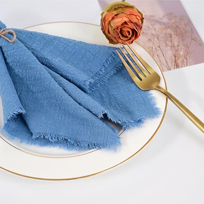 50 Pack Cyan Handmade Cloth Napkins 16 x 16 Inch Cotton Linen Napkins with Fringe, Washable and Reusable Napkins, Soft Rustic Boho Fringe Cloth Napkins for Dinners,Parties, Wedding