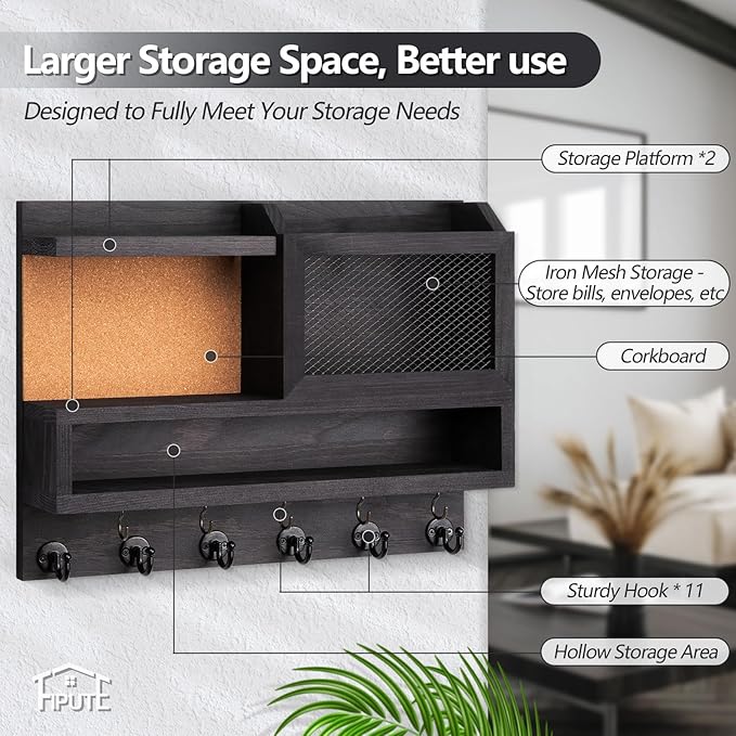 Key Holder for Wall with Mail Organizer,Farmhouse Mail and Key Holder for Wall,Key Hanger with ‌Metal 11 Hooks,Corkboard,and Shelf,Decorative Natural Pine Wood Entryway Organizer,14.6*11.1*3.3”,Black