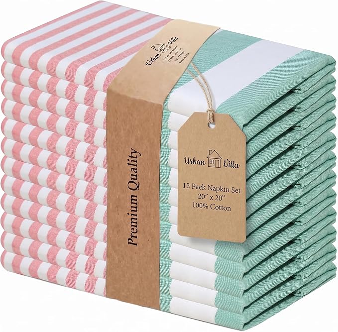 Urban Villa Cloth Napkins 100% Cotton Highly Absorbent Washable Reusable Premium Dinner Napkins Ideal for Gifts for Mothers Day Hotel Farmhouse Parties - Ruby/Green Stripes (20" x 20", Set of 12)