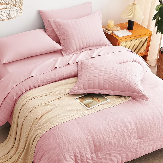 CozyLux King Size Comforter Set Pink Seersucker 7 Pieces Bed in a Bag King Comforter Set with Sheets, Luxury Soft Bedding Sets with Down Alternative Comforter, Sheets, Pillowcases & Shams All Seasons