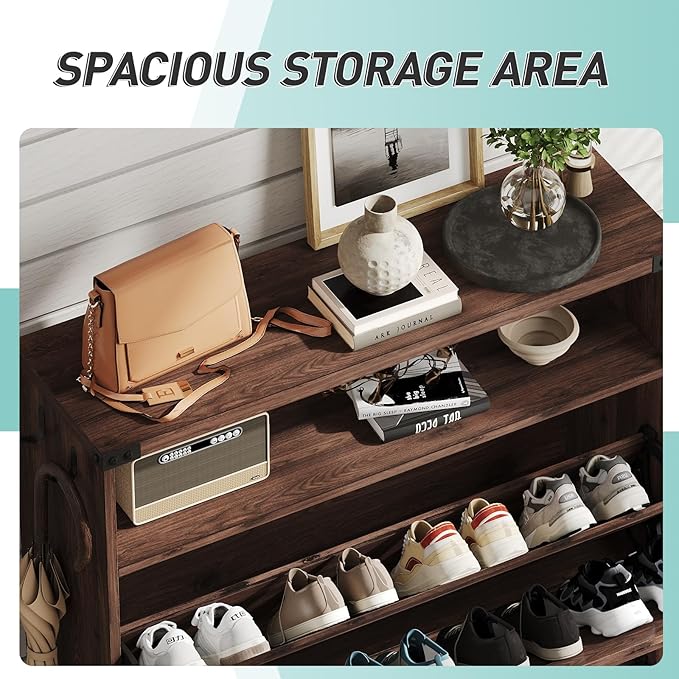Vabches Shoe Storage Cabinet with 2 Flip Drawers,Freestanding Narrow Shoe Organizer with Open Storage,Hidden Slim Shoe Rack Cabinet for Entryway,Hallway,Dark Walnut